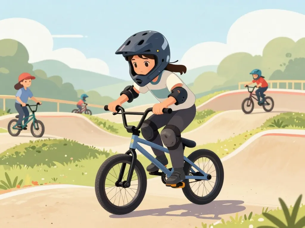 Illustration rider équipé entrant sur une bmx track en sécurité