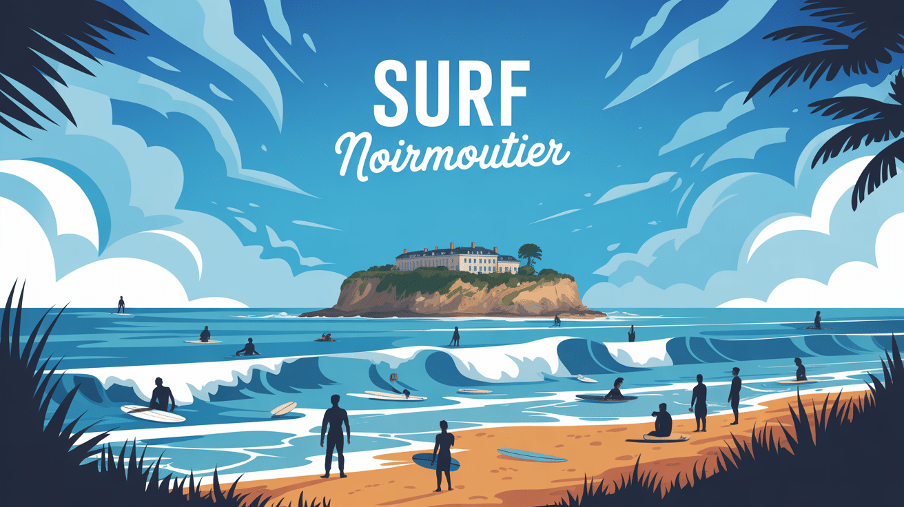 illustration noirmoutier surf avec surfeurs et plage