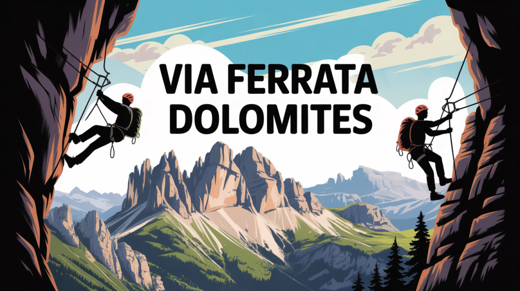 Illustration stylisée via ferrata Dolomites montagnes grimpeurs