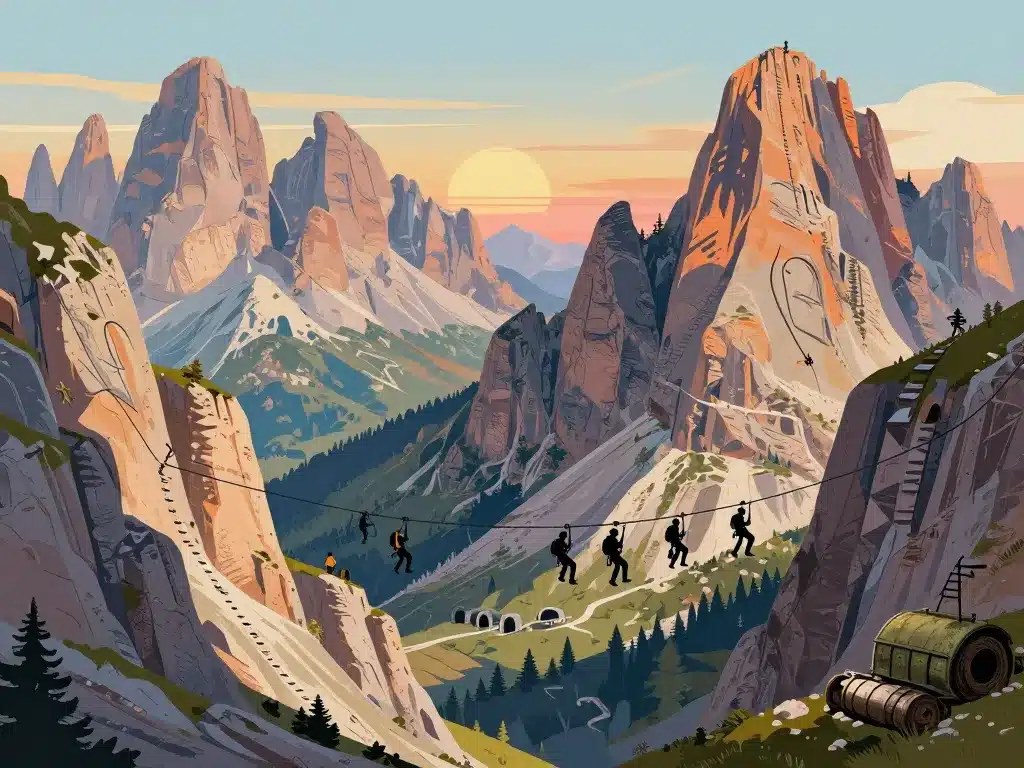 Illustration éditoriale via ferrata Dolomites secteurs divers panoramas