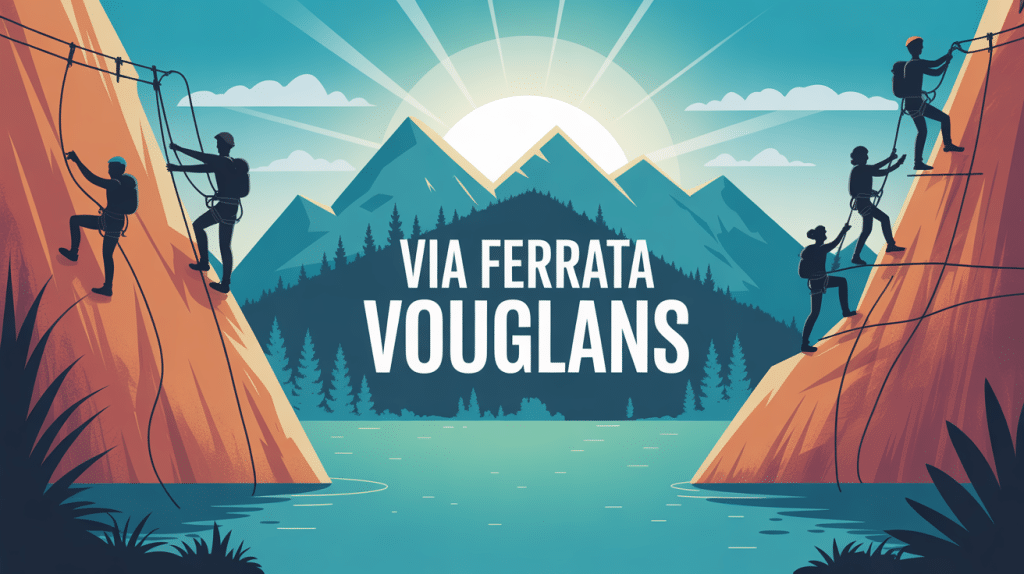 Illustration via ferrata Vouglans avec grimpeurs au-dessus du lac