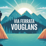 Illustration via ferrata Vouglans avec grimpeurs au-dessus du lac