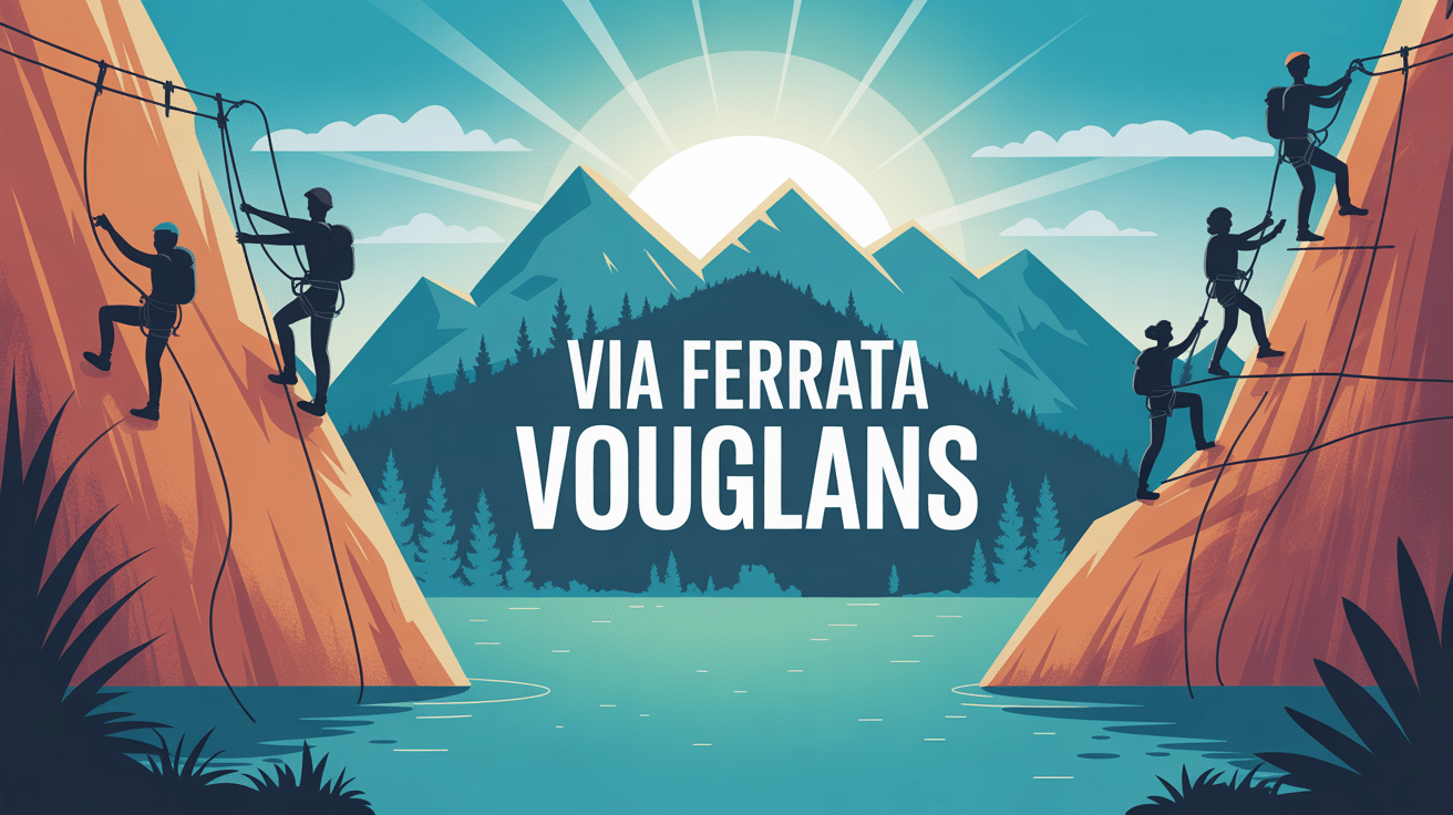 Illustration via ferrata Vouglans avec grimpeurs au-dessus du lac