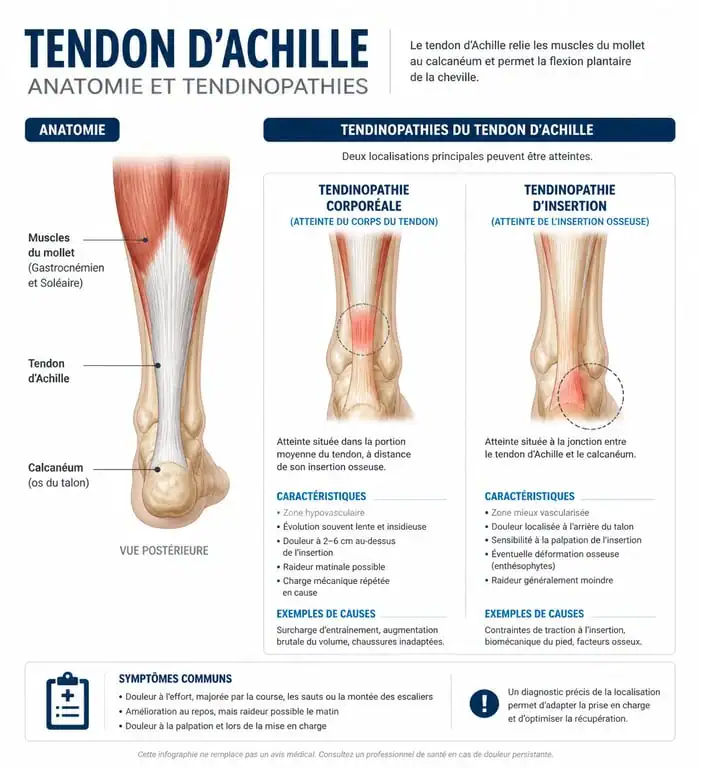 Schéma anatomique des douleurs au tendon d'Achille : tendinopathie corporéale et d'insertion