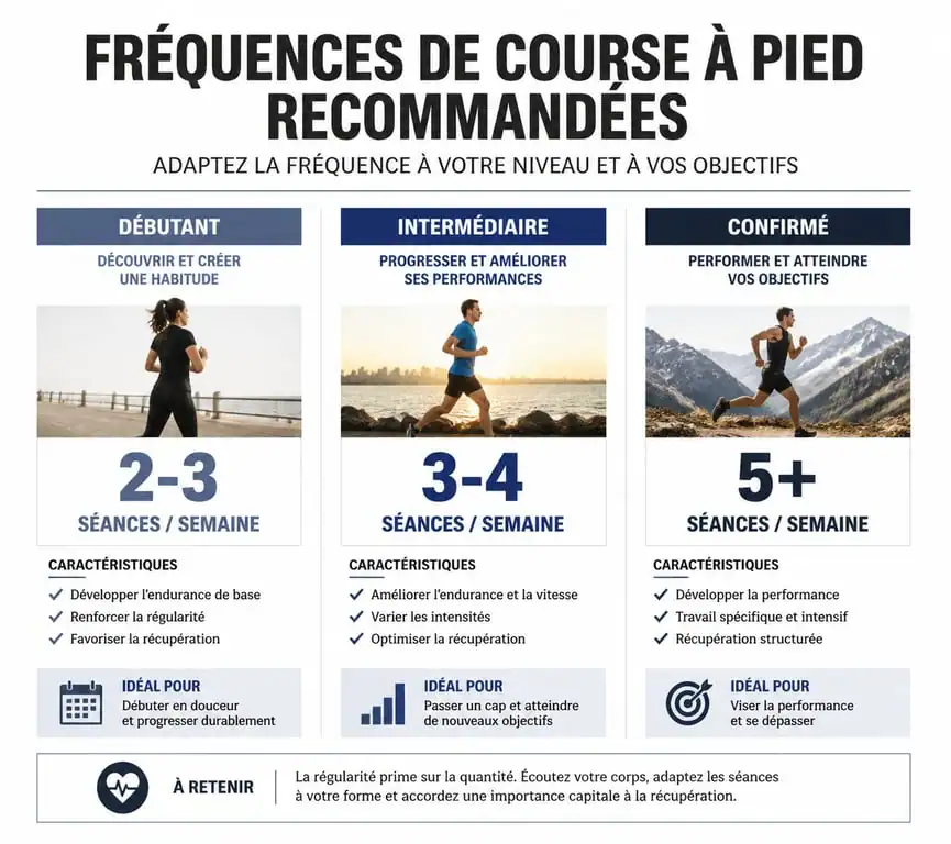 Infographie des fréquences de course à pied par niveau : débutant, intermédiaire et confirmé