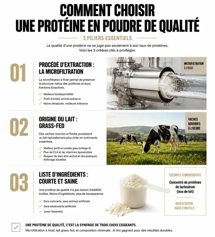 Infographie des critères de choix pour la meilleure marque de protéine en poudre