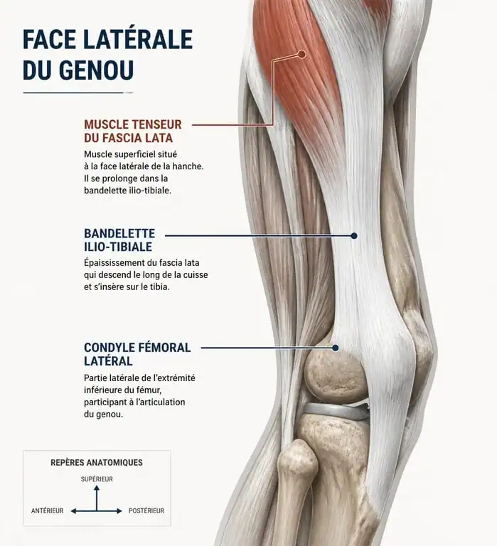Schéma anatomique de la bandelette ilio-tibiale et du syndrome de l'essuie-glace au genou