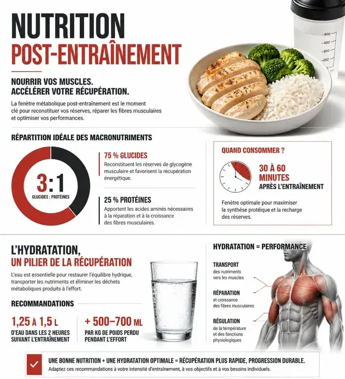 Infographie nutrition post-entraînement : que manger après le sport pour une récupération optimale