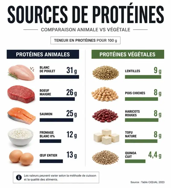 Infographie comparative des sources de protéines animales et végétales pour une alimentation équilibrée