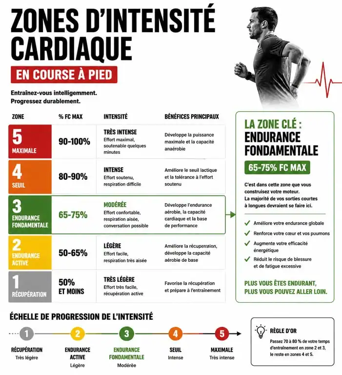Infographie des zones de fréquence cardiaque pour l'endurance fondamentale en course à pied