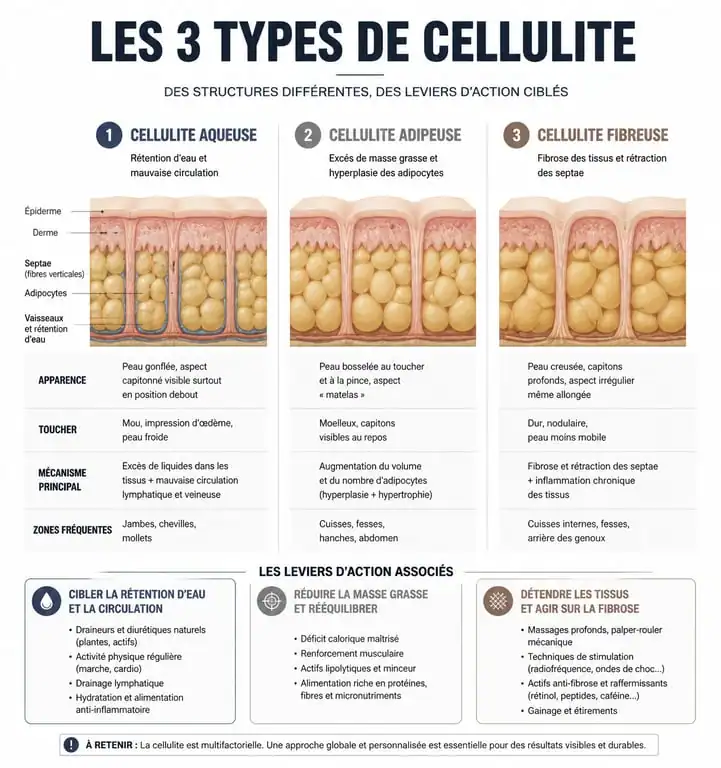 Infographie explicative des trois types de cellulite pour mieux perdre la cellulite des cuisses