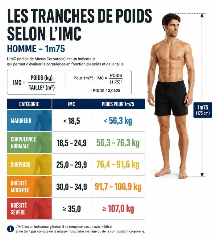 Infographie des catégories de poids et IMC pour un homme de 1m75