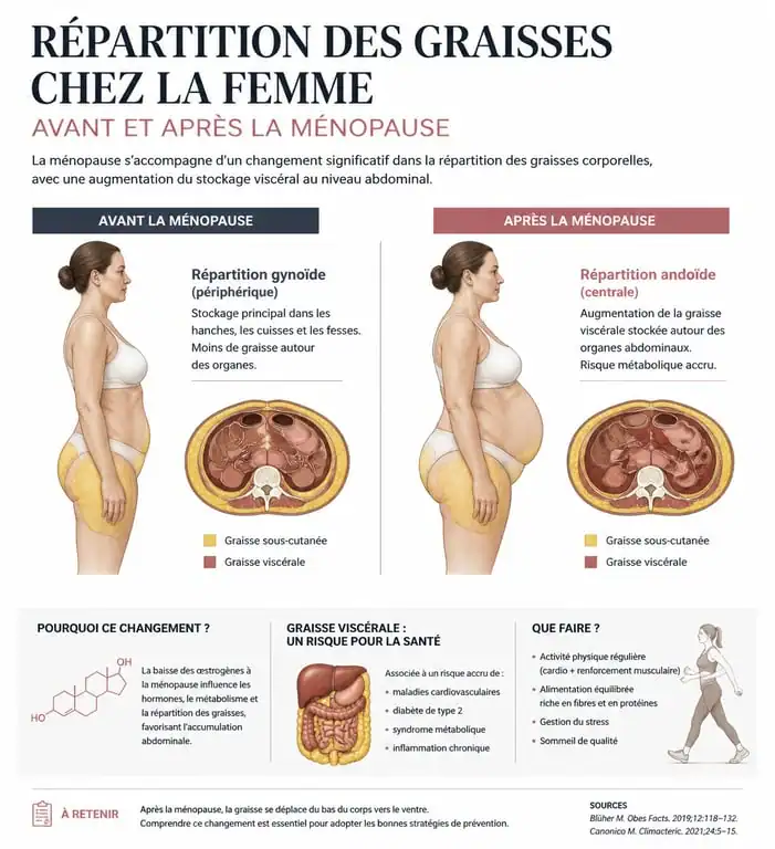 Schéma explicatif de la répartition des graisses et de la prise de ventre chez la femme après 50 ans