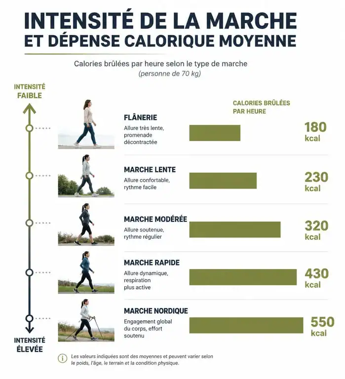 Infographie comparant la dépense calorique selon le type de marche pour maigrir