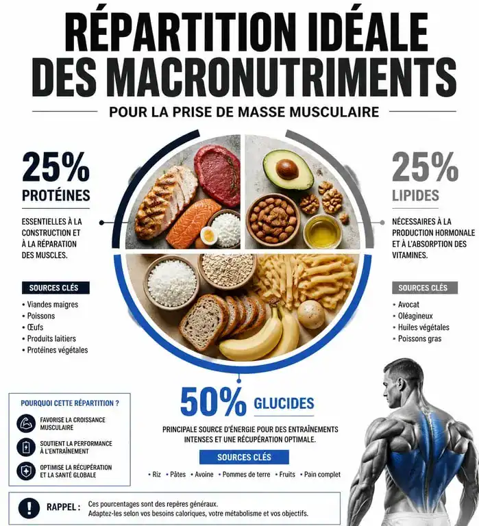 Infographie sur la répartition des macronutriments pour une prise de masse musculaire efficace