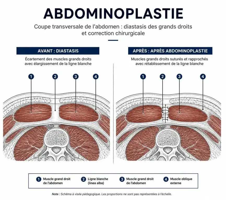Schéma explicatif de la cure de diastasis : avant et après la plicature des muscles grands droits.