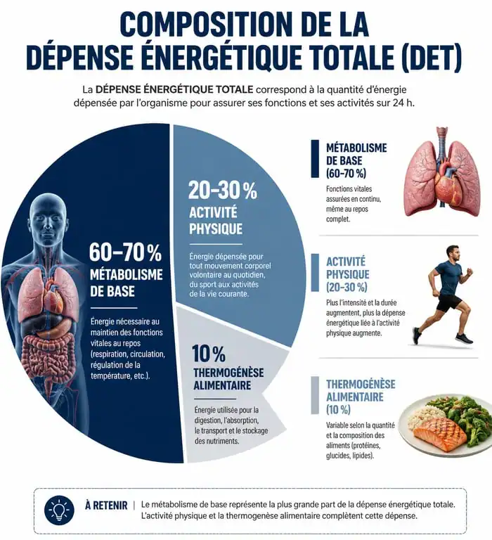 Infographie illustrant les composantes du besoin journalier en calories : métabolisme de base, activité physique et thermogenèse.