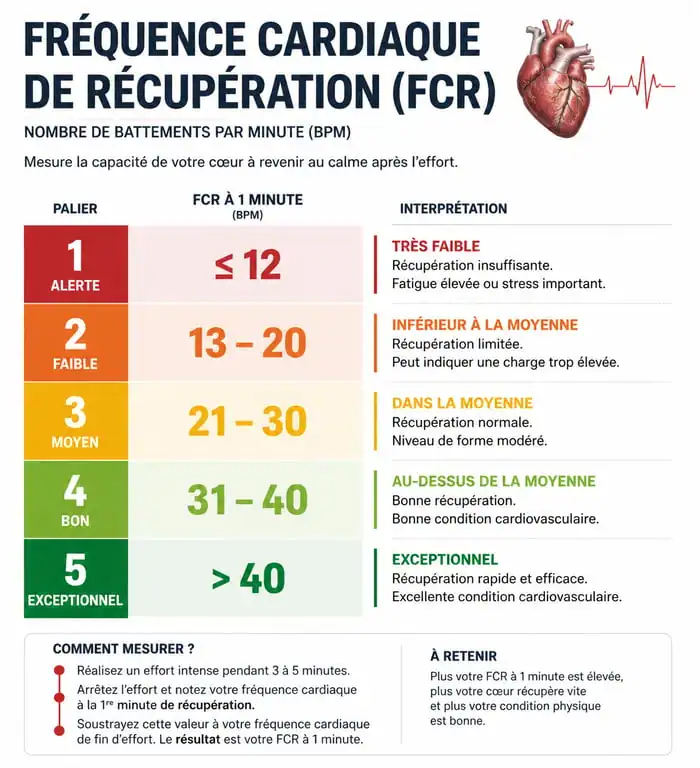 Infographie des seuils de fréquence cardiaque de récupération pour évaluer sa condition physique