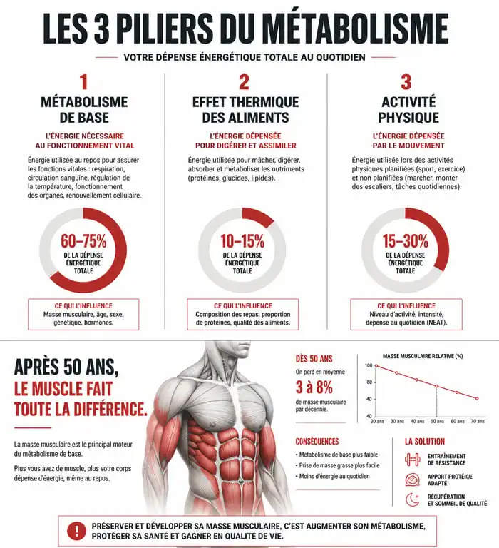 Infographie sur les piliers pour augmenter son métabolisme après 50 ans
