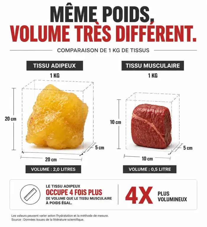 Illustration de la différence de volume entre la graisse et le muscle pour comprendre pourquoi on ne perd pas de poids mais on s'affine.