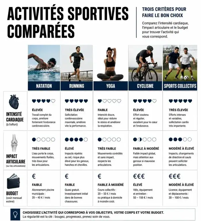 Tableau comparatif des sports pour choisir quel sport pratiquer selon ses objectifs et contraintes physiques.