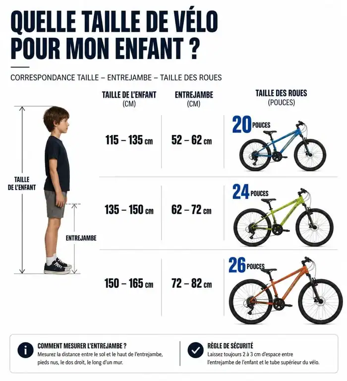 Tableau de correspondance taille enfant et taille de vélo en pouces pour choisir le bon vélo à 8 ans