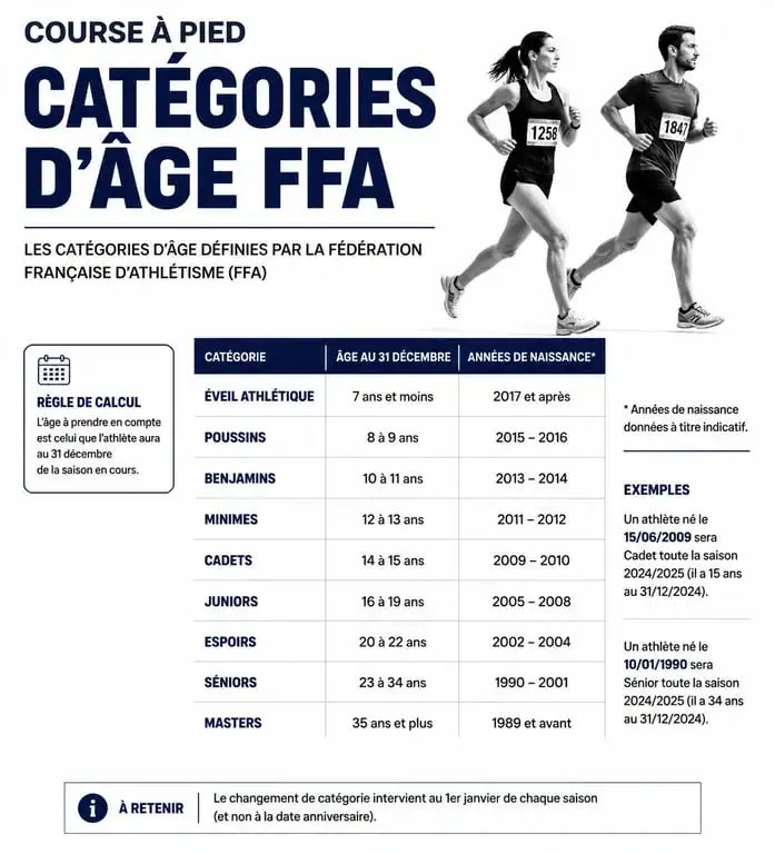 Infographie des catégories d'âge en course à pied FFA 2024