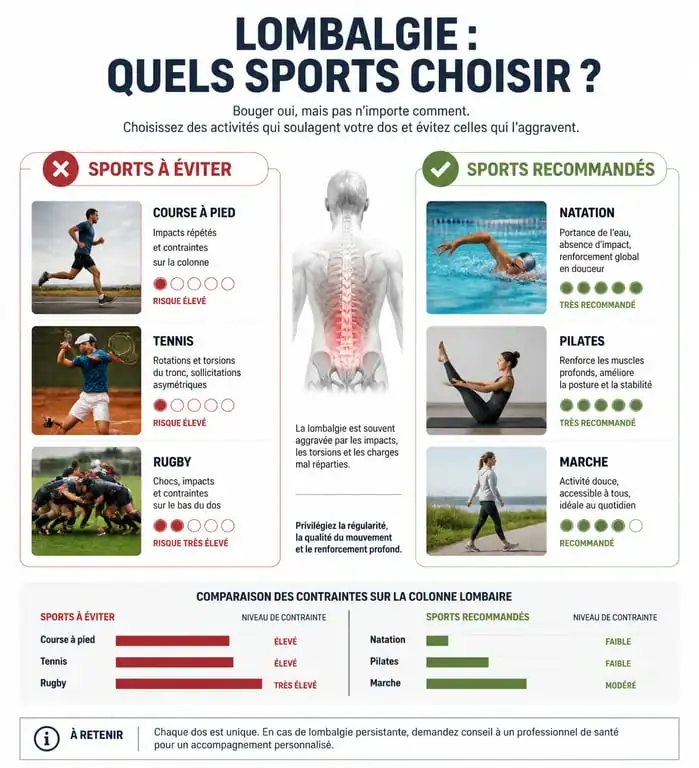 Infographie des sports à éviter et à privilégier en cas de lombalgie pour protéger son dos