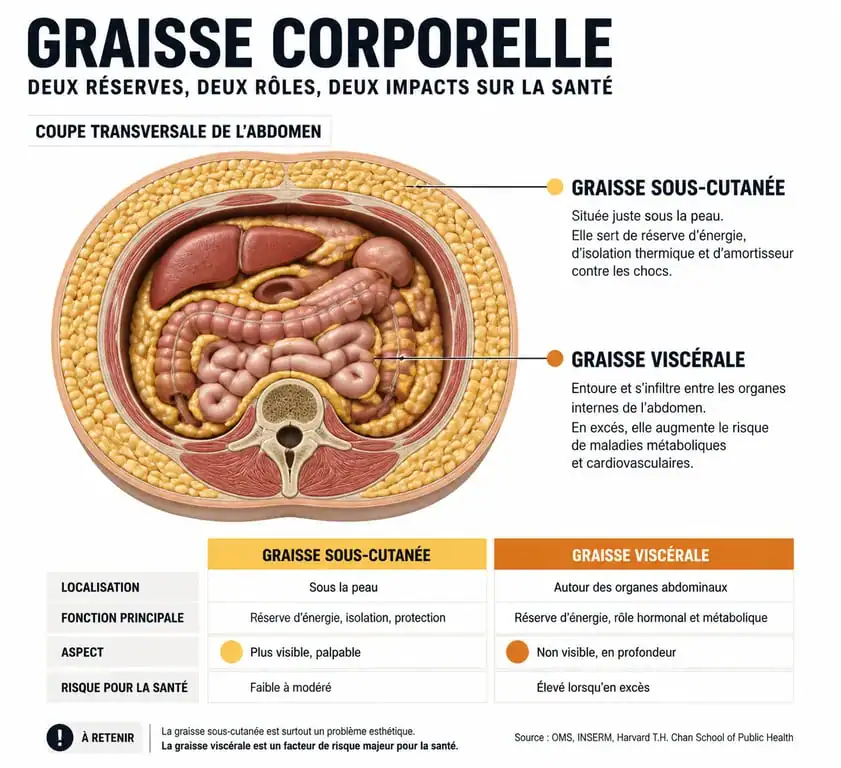 Schéma explicatif de la graisse viscérale et sous-cutanée chez l'homme