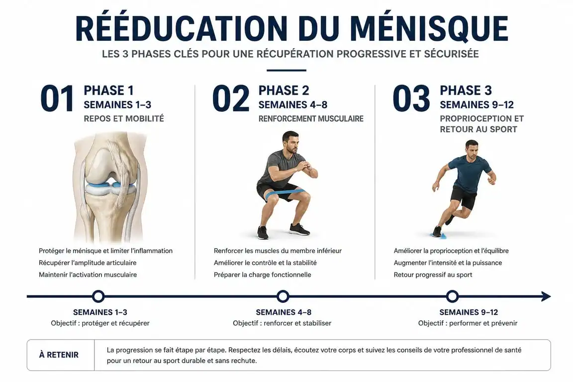 Infographie des trois phases de la rééducation ménisque non opéré pour une récupération optimale