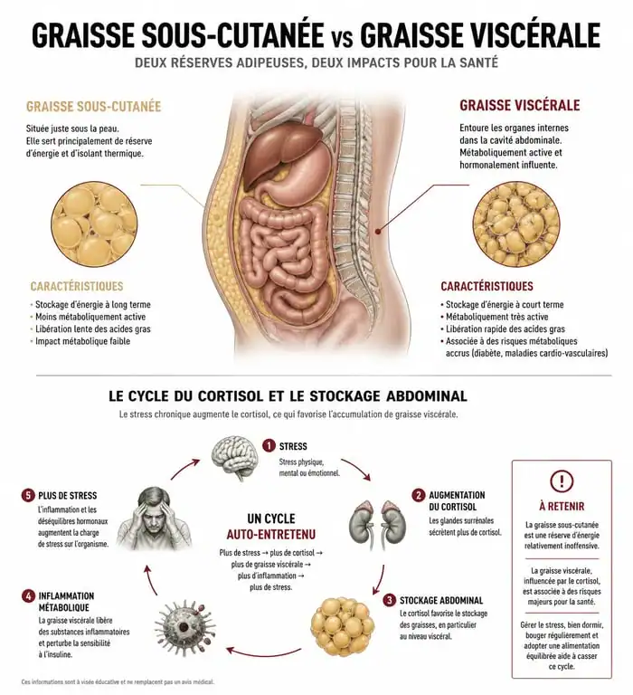 Schéma explicatif de la graisse viscérale et du rôle du cortisol dans le stockage des graisses du ventre