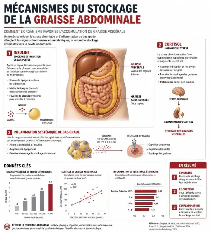 Infographie explicative sur les causes de la graisse abdominale et comment maigrir du ventre efficacement.