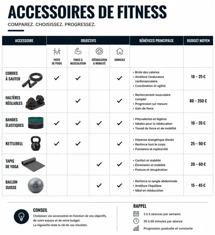 Tableau comparatif des accessoires de sport et fitness par objectif et budget