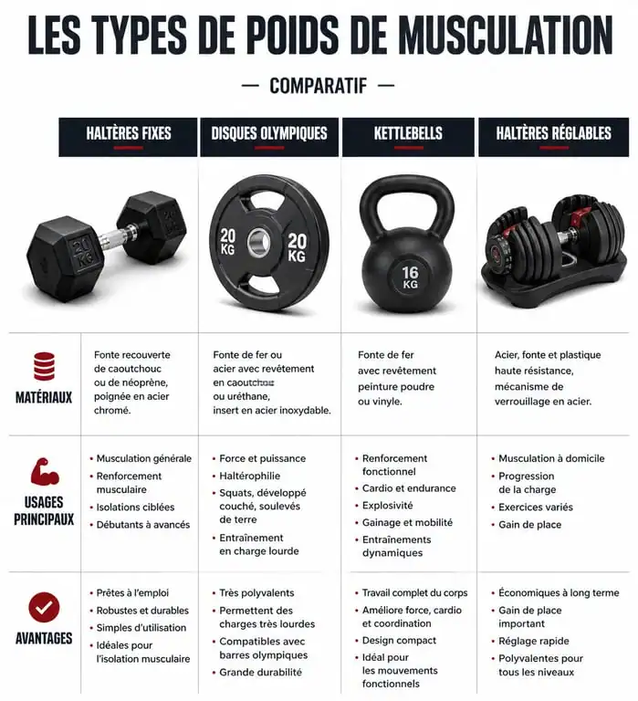 Comparatif des différents types de poids de musculation pour choisir son équipement
