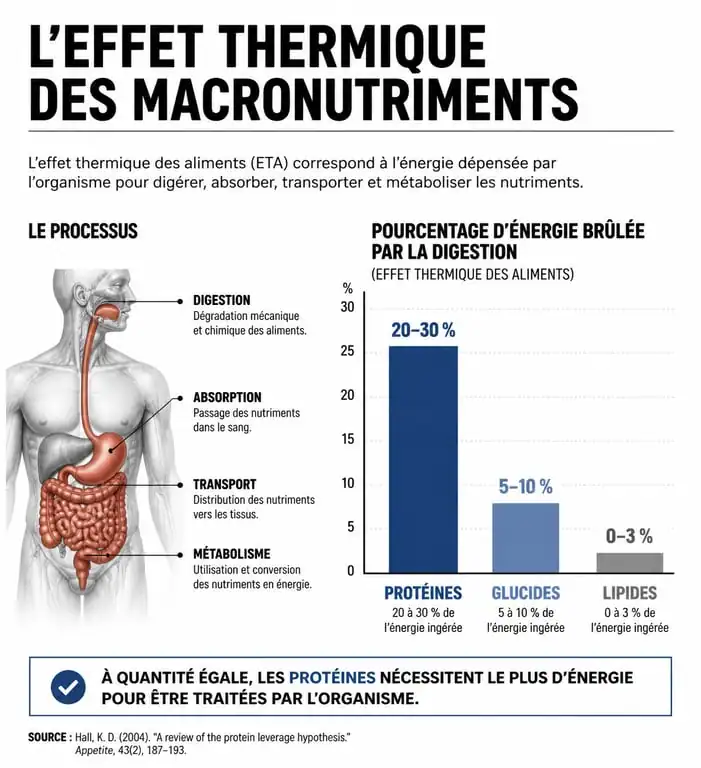 Infographie sur l'effet thermique des protéines et la gestion du poids