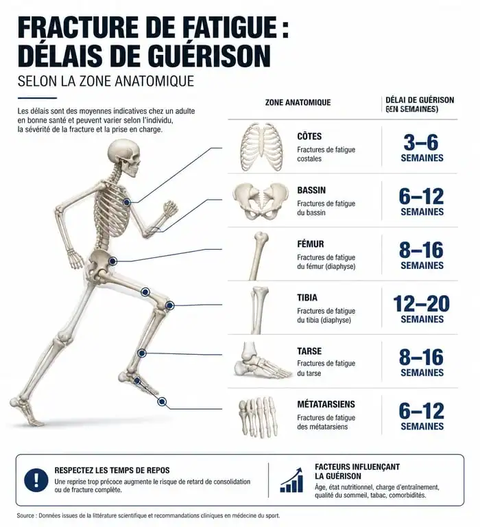 Infographie des délais de guérison d'une fracture de fatigue par zone anatomique