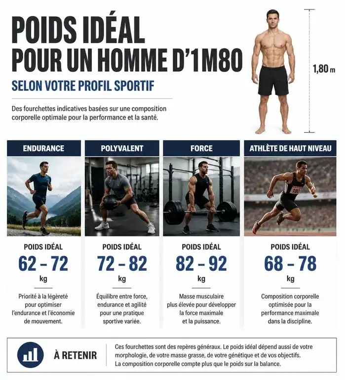 Infographie des fourchettes de poids idéal pour un homme d'1m80 sportif selon le type d'activité physique