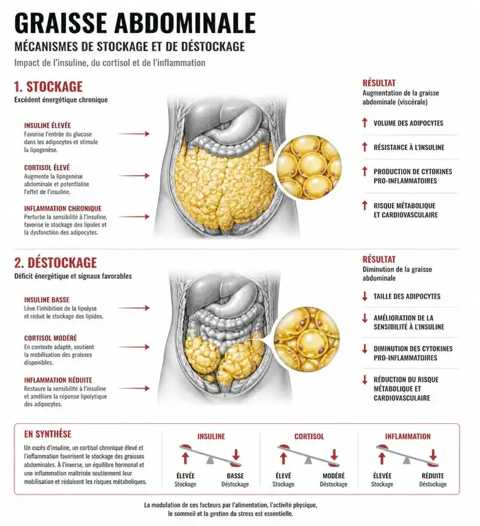 Infographie sur les mécanismes de la graisse abdominale et alimentation pour maigrir du ventre