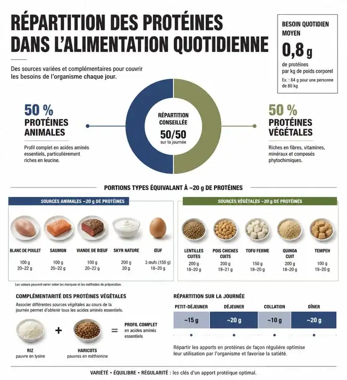 Infographie sur la répartition des protéines et sources alimentaires pour atteindre 60g par jour