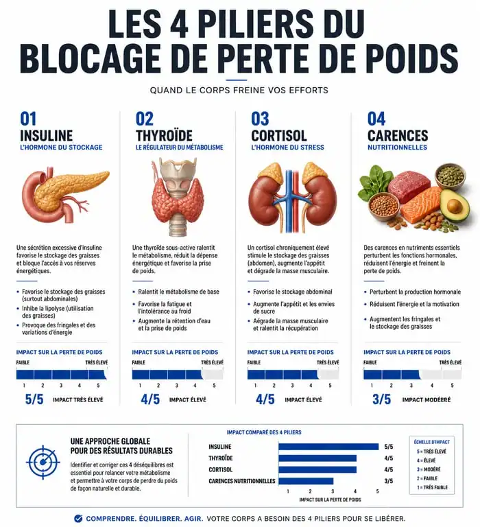 Infographie sur les causes de la stagnation pondérale et pourquoi je n'arrive pas à maigrir