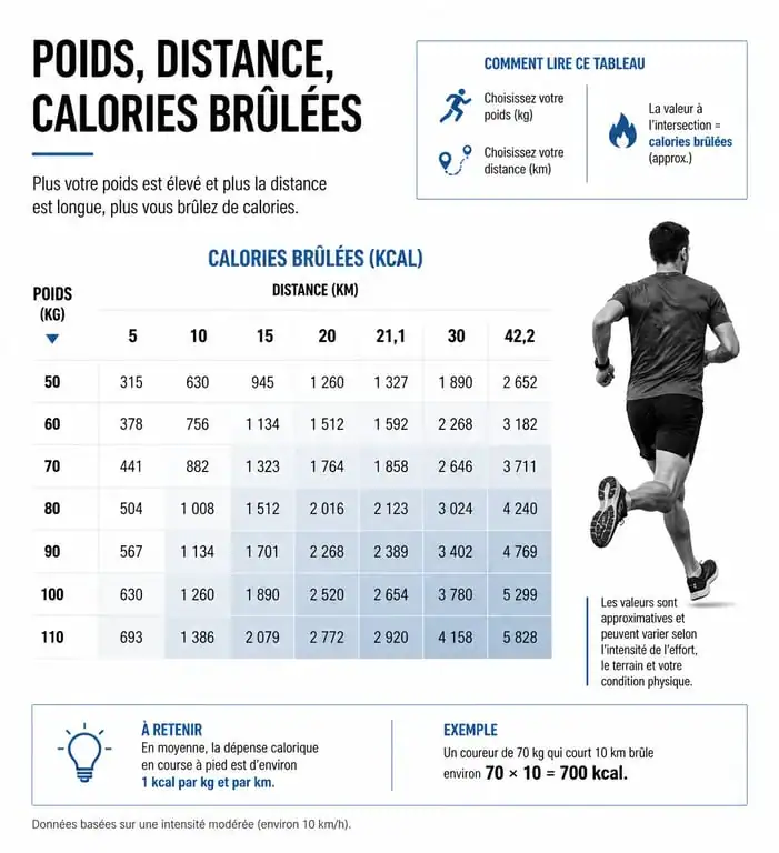 Infographie sur la dépense calorique en course à pied selon le poids et la distance