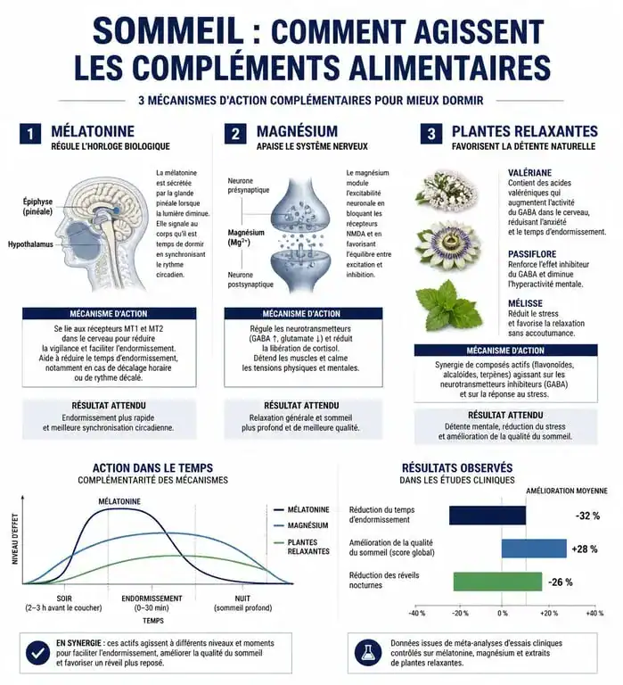 Infographie sur les bienfaits et mécanismes des compléments alimentaires pour dormir