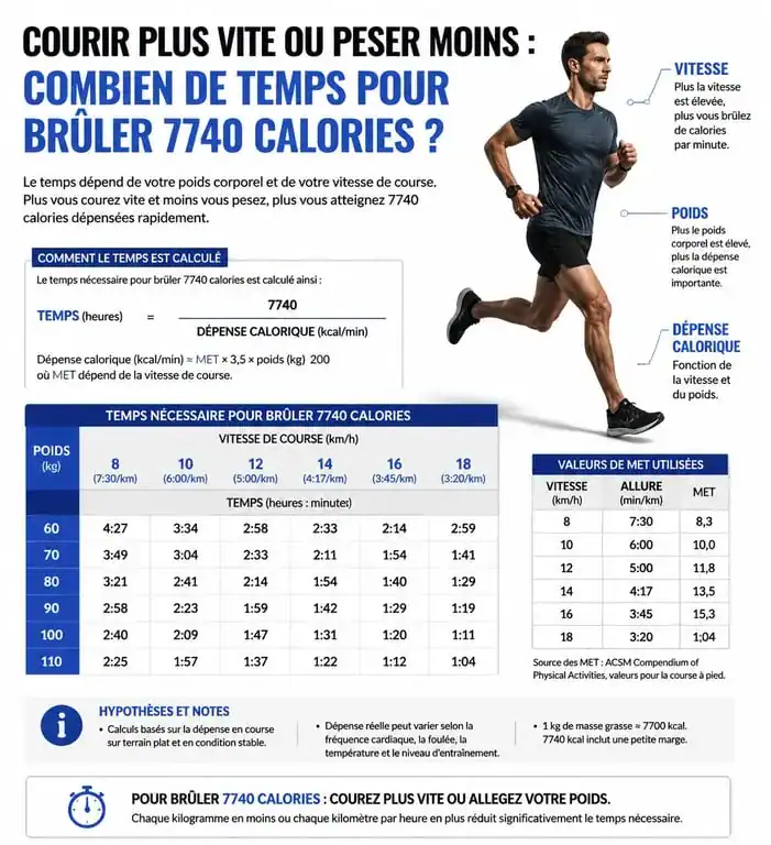Infographie montrant le temps de course nécessaire pour perdre 1 kg selon le poids et la vitesse