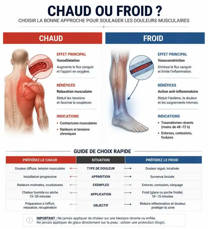Infographie comparative : quand appliquer du chaud ou du froid sur une contracture musculaire