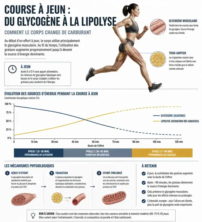Infographie expliquant le métabolisme énergétique et la lipolyse lors de la course à jeun le matin