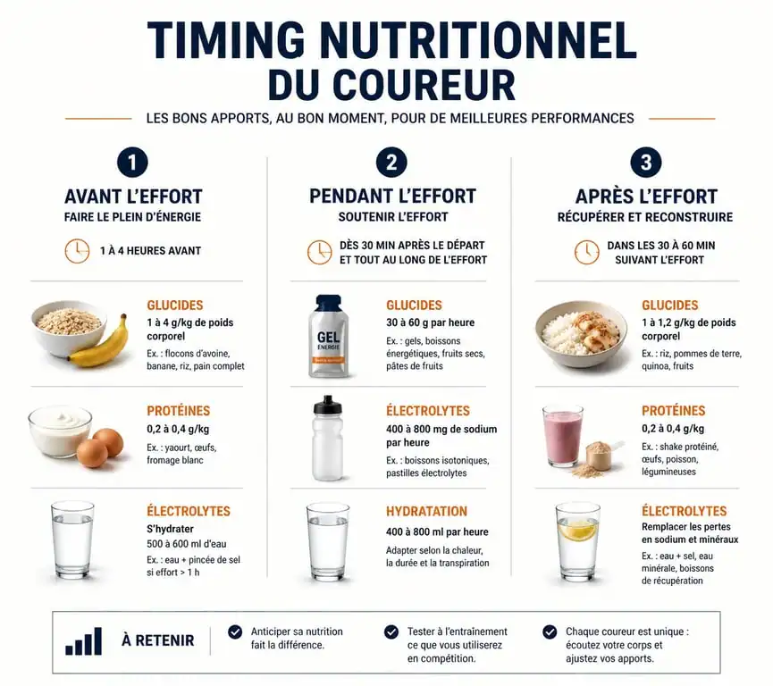 Infographie sur le timing de l'alimentation en course à pied pour optimiser la performance et la récupération