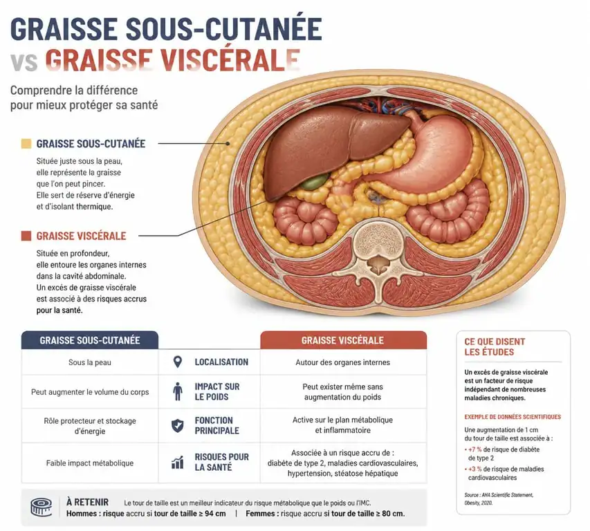 Schéma comparatif entre graisse sous-cutanée et graisse viscérale pour comprendre l'indice de graisse viscérale