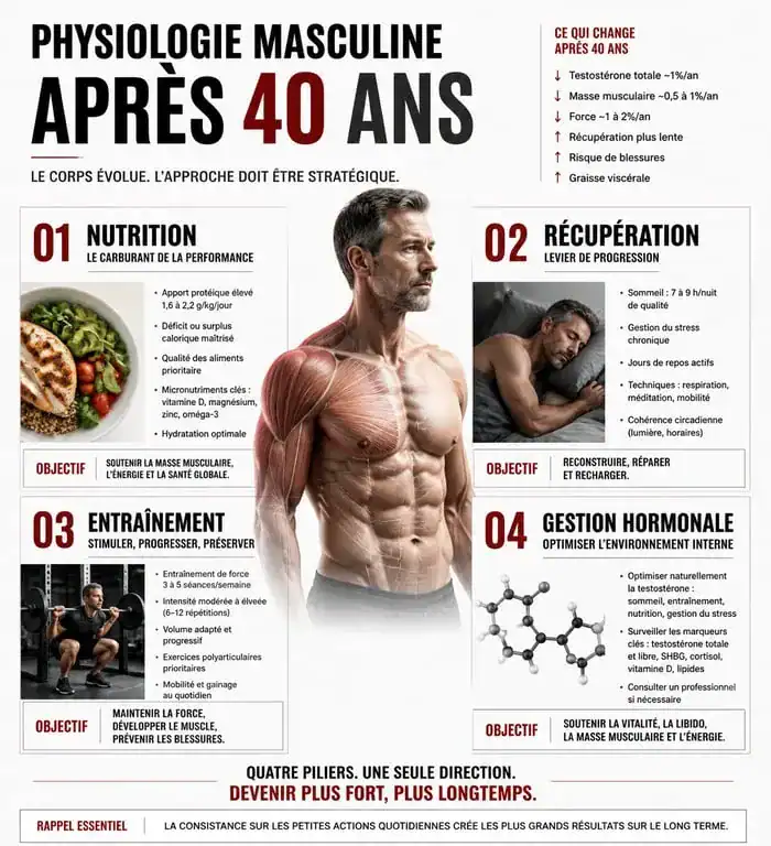 Infographie des piliers de la musculation pour homme de 40 ans : nutrition, récupération et entraînement