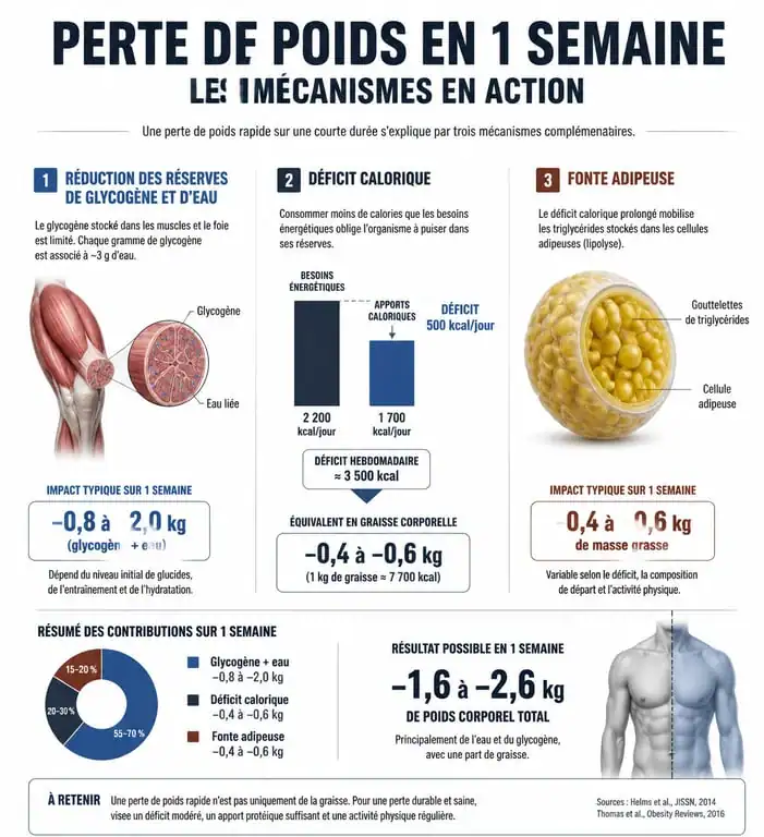 Infographie expliquant le mécanisme biologique de la perte de poids rapide en 1 semaine