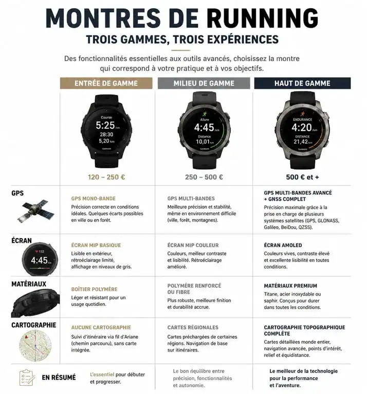 Infographie comparative des caractéristiques techniques des montres de running par gamme de prix pour aider au choix d'un comparatif montre running